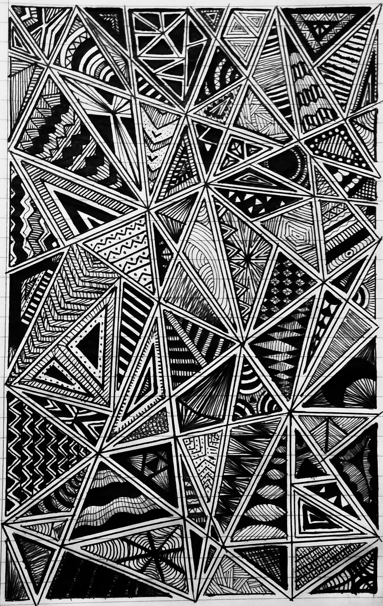 A black and white drawing of a pattern with a lot of lines (abstract, art, black, draw, triangles)