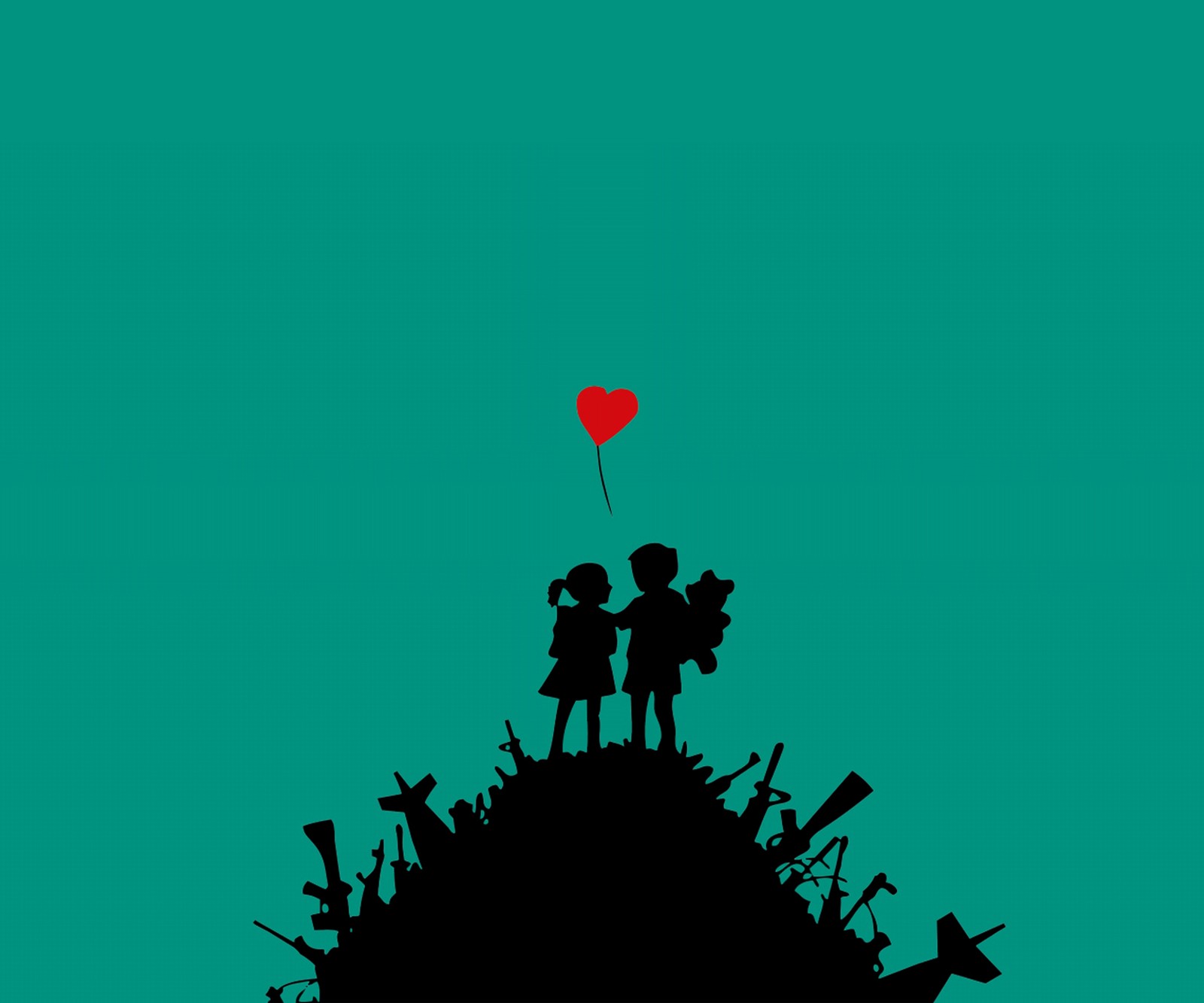 Il y a la silhouette d'un couple se tenant la main et un ballon en forme de cœur (cartoon, enfant, amour, minimaliste, guerre)