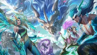 Batalha épica dos skins Dragonmancer em League of Legends: Master Yi, Kaisa, Ashe e Aurelion Sol se unem contra o Dragão da Tempestade.