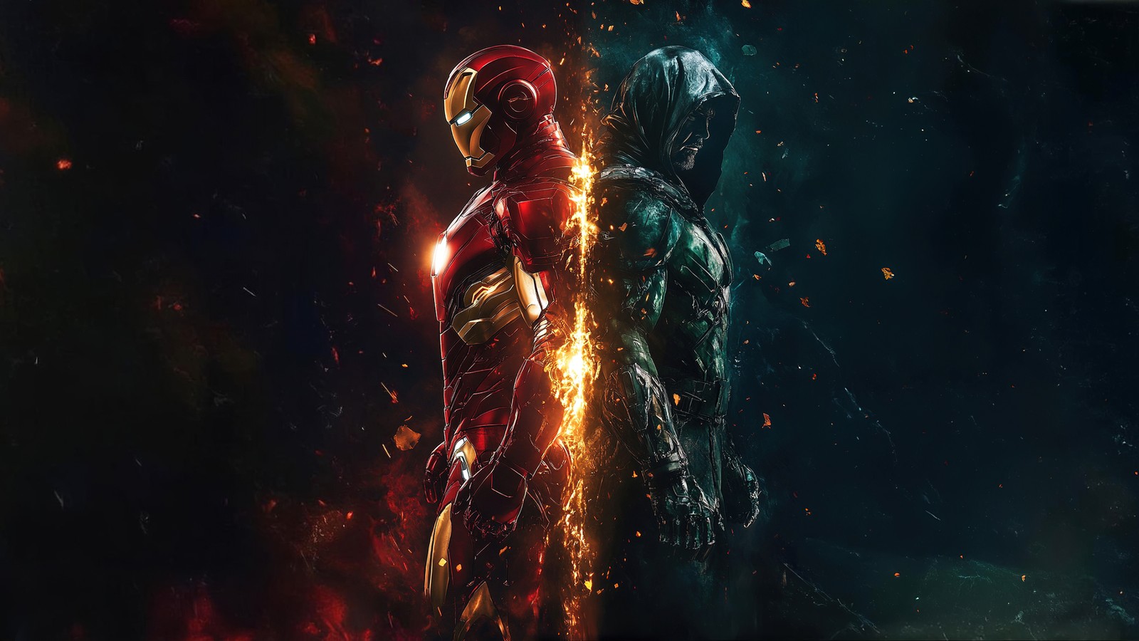 The flash and iron man are standing side by side in the dark (iron man, doctor doom, marvel comics, 5k, graphics cgi)