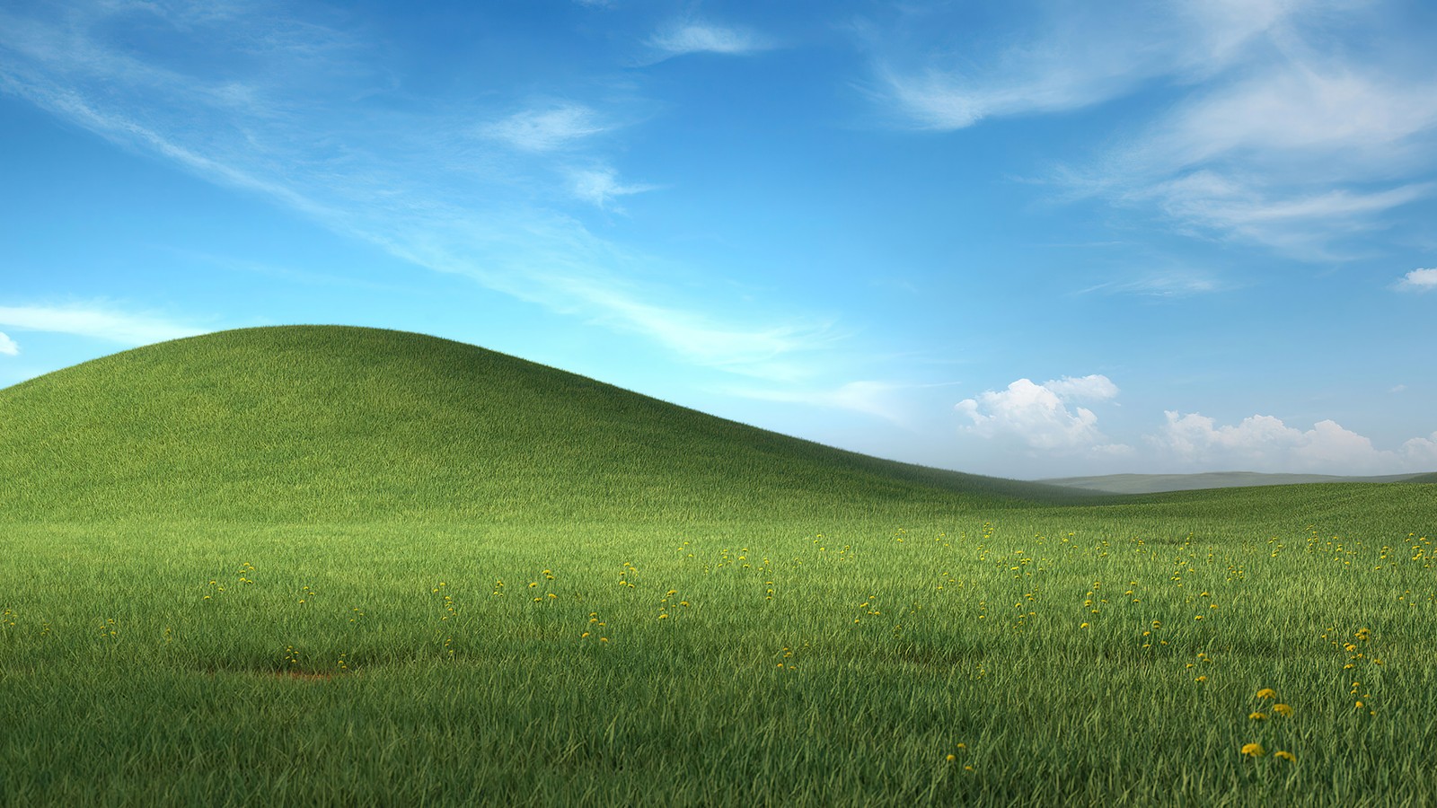 A green hill with a grassy field and a blue sky (microsoft, windows 11, os, technology, bliss)