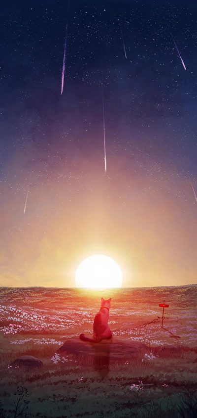 Serene Sunset with a Fox Under a Meteor Shower