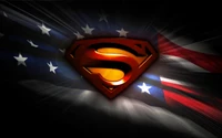 Logotipo do Superman contra um fundo escuro com elementos da bandeira americana