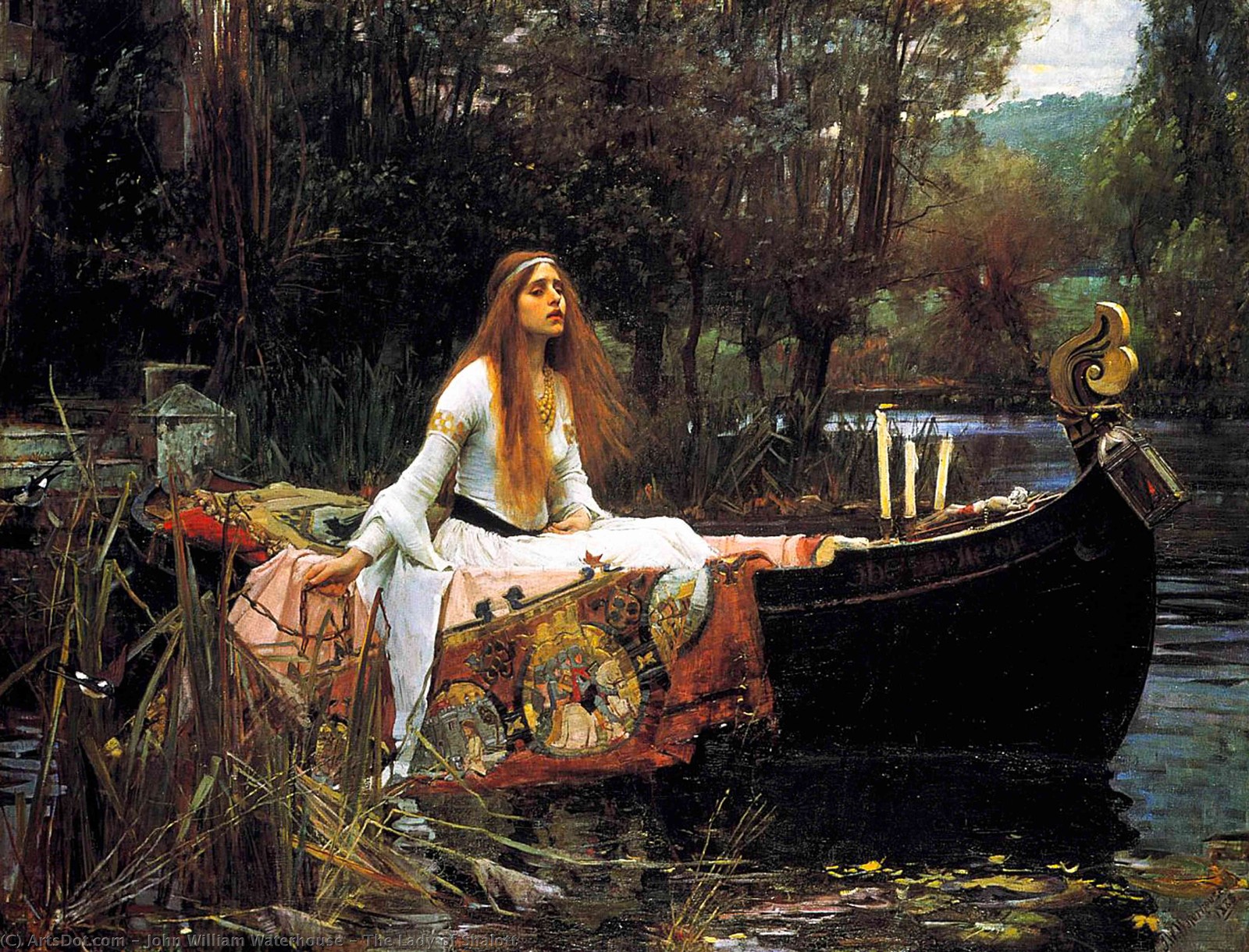 A painting of a woman sitting on a boat in a lake (poetry, painting, tree, art, visual arts)