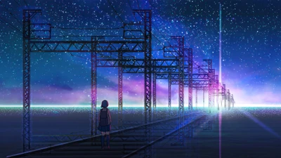 Anime Sunrise Over a Starry Horizon with Train Tracks