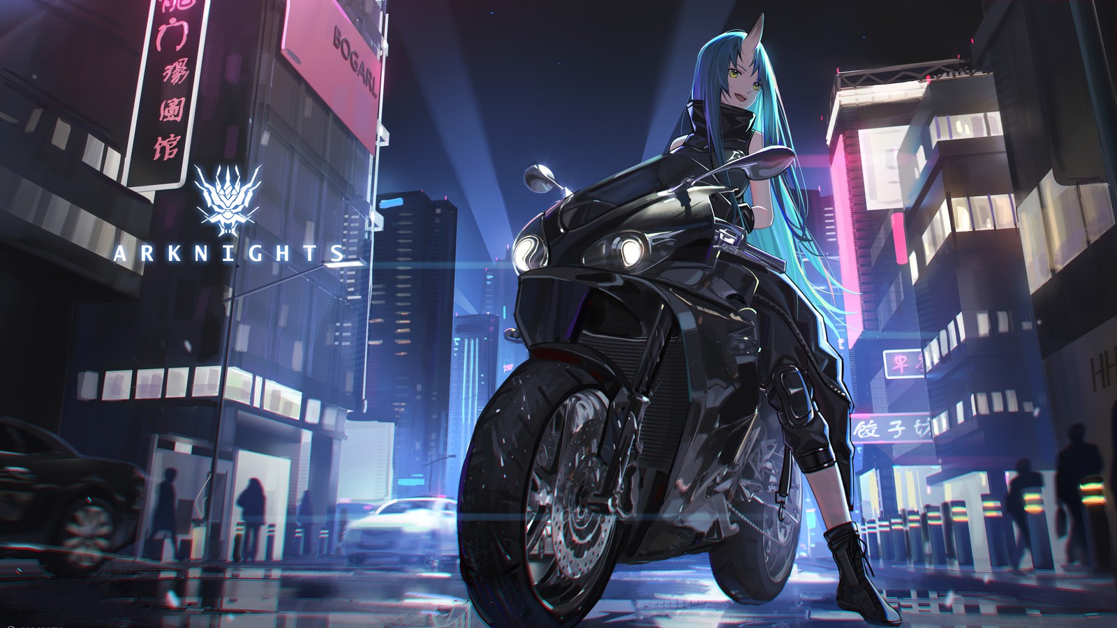 Garota de anime em uma motocicleta em uma cidade à noite (motocicleta, moto, noite, cidade, hoshiguma)