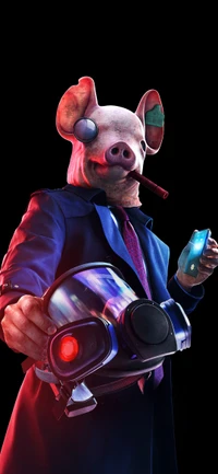 Personnage de dessin animé stylisé en costume avec un masque de cochon, tenant un dispositif futuriste, sur un fond sombre illuminé par des lumières violettes et roses.