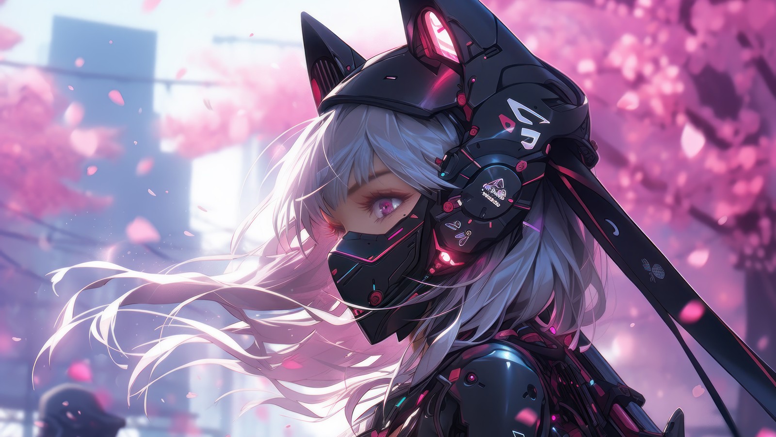 Una mujer con una máscara de gato negro y un fondo rosa (niñas de anime, anime, cyberpunk, ciencia ficción, flor de cerezo)