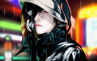 Ilustración vibrante de Tokyo Ghoul: Un personaje misterioso bajo la lluvia