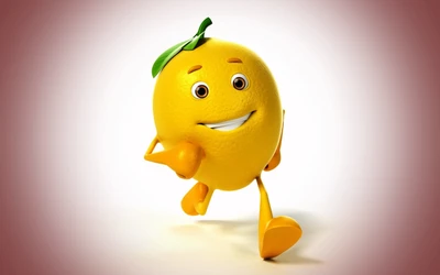 Cheerful cartoon lemon character with a big smile and playful pose.