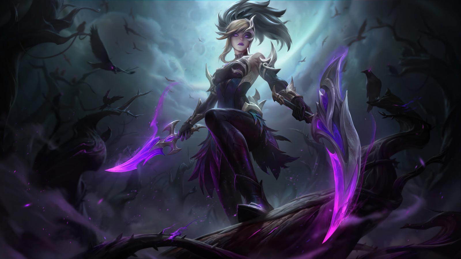 A woman in a black dress holding a purple sword in a dark forest (coven, akali, league of legends, video game, lol)