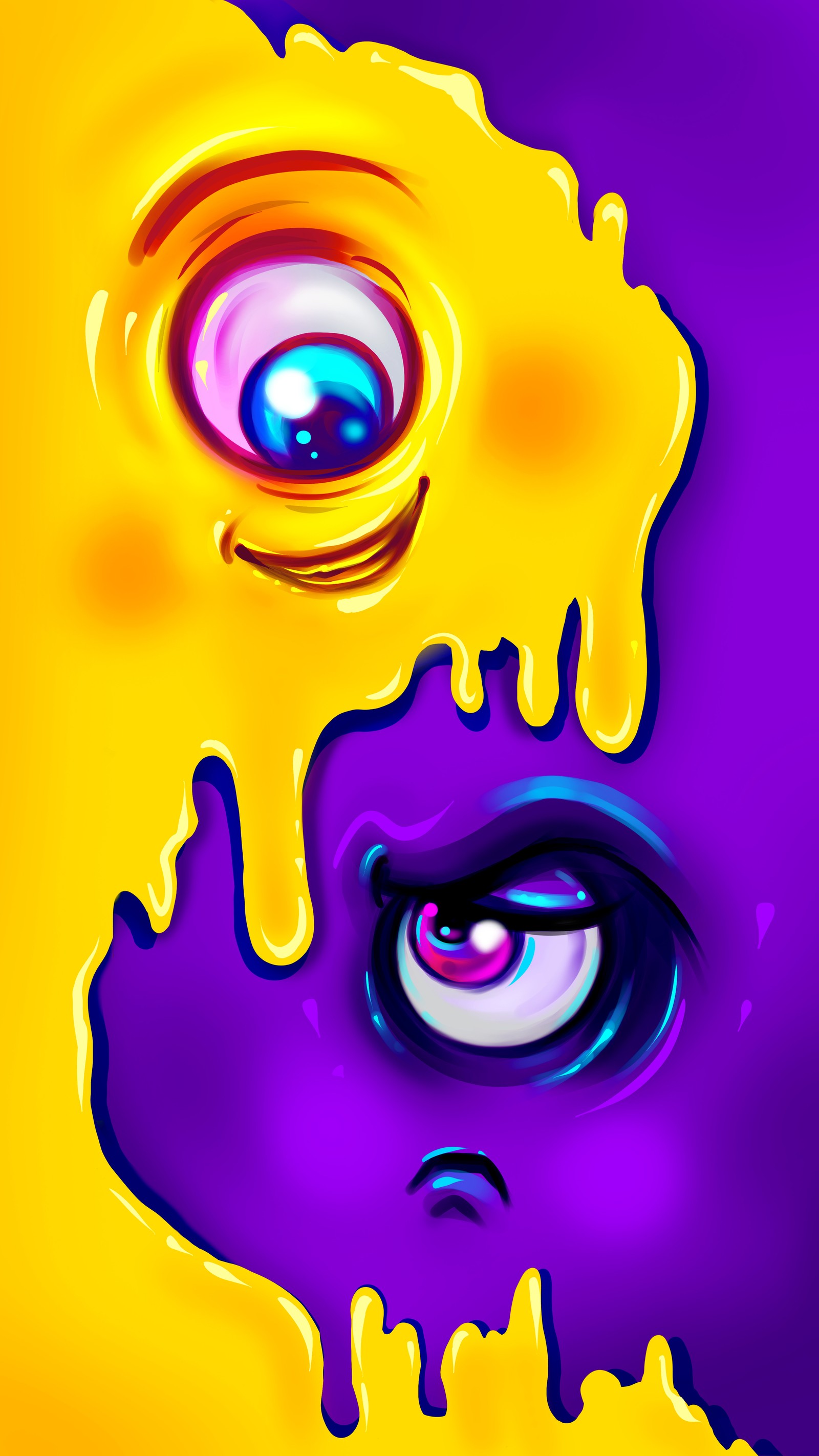 A close up of a yellow and purple painting of a face (cartoon, mermaid, colorfulness, art, art paint)