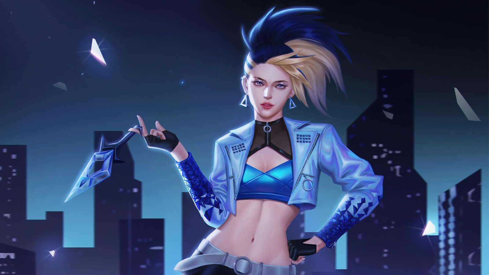 Eine frau in einem blauen oberteil und schwarzen hosen hält ein messer (kda, akali, kunst, league of legends, lol)