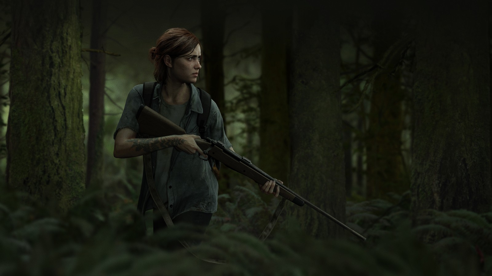 A woman holding a rifle in a forest with tall trees (the last of us part ii, ellie williams, playstation 4, 2020 games, games)