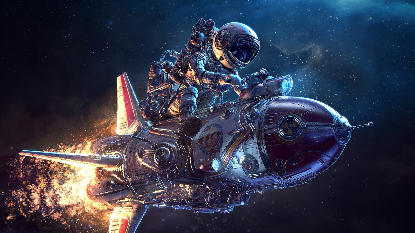 A man in a space suit riding on a space shuttle (astronaut, rocket, sci fi, outer space)