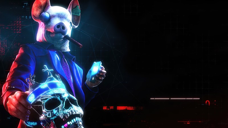 Арафед мужчина в костюме с мобильным телефоном и черепом (watch dogs легион, watch dogs legion, видеоигра, свинья, маска)