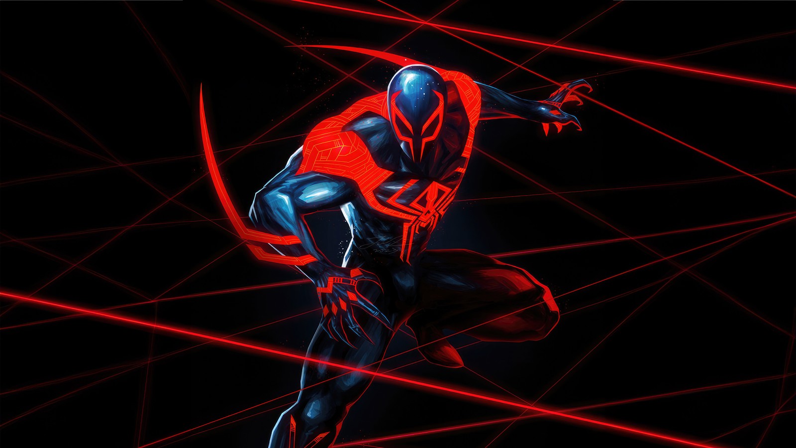 Spider - man in red and black suit with red lines (spider man 2099, cgi, dark aesthetic, 5k, graphics cgi)