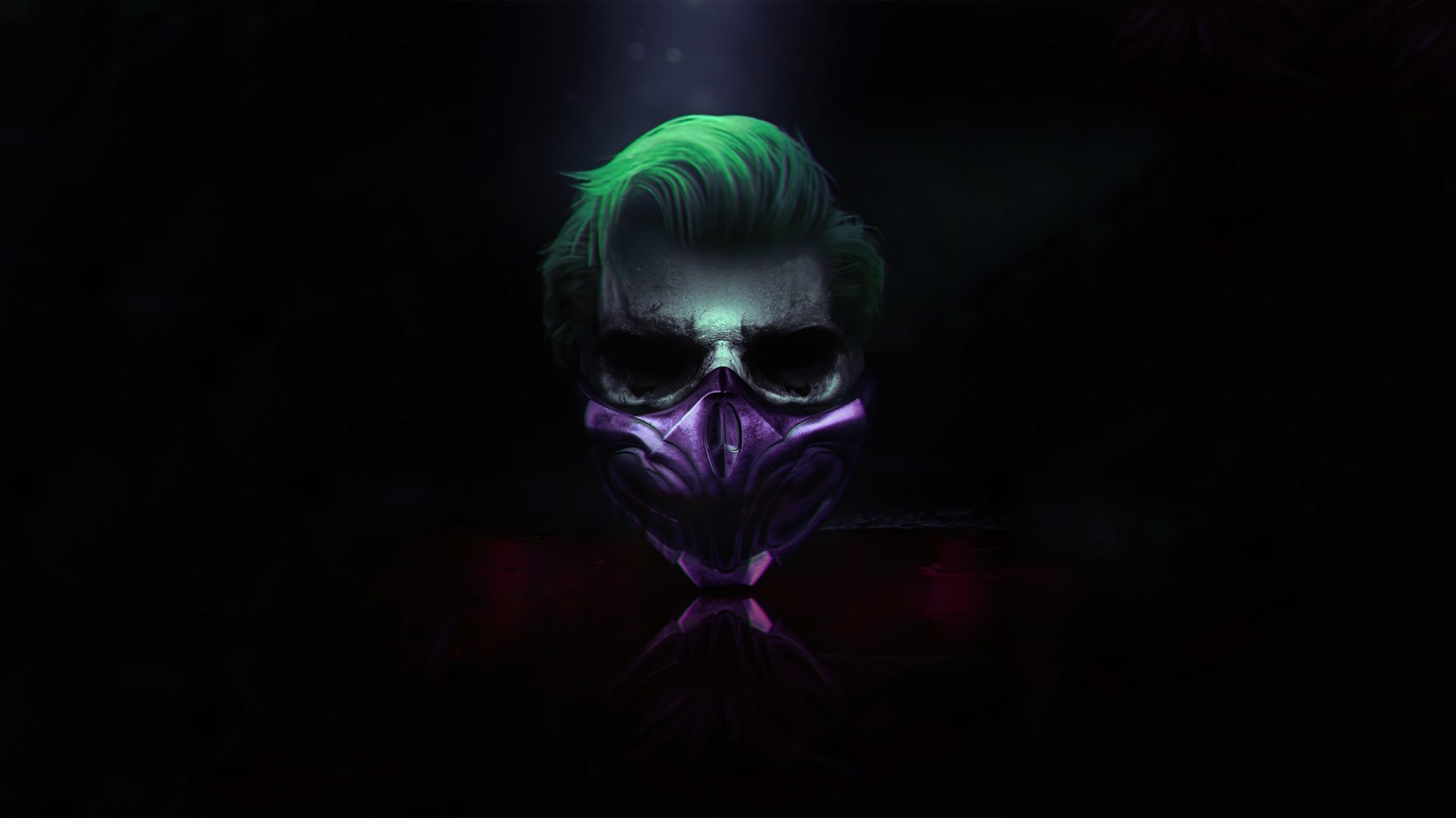 A close up of a person with green hair and a mask (joker, mask, cyberpunk, dark background, graphics cgi)