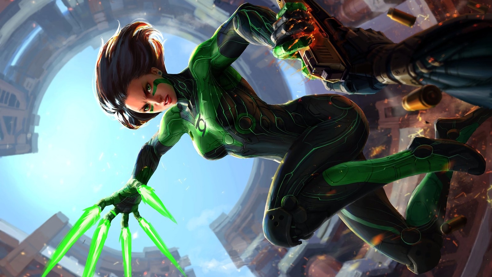 A woman in a green suit flying through the air (green lantern, dc comics, comics)