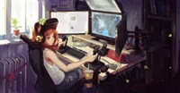 Una chica inmersa en los videojuegos, rodeada de monitores y controladores, capturando la esencia de la aventura y la creatividad en un mundo vibrante y animado.