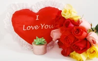 I Love You: Romantic Gift of Roses and Heart Pillow