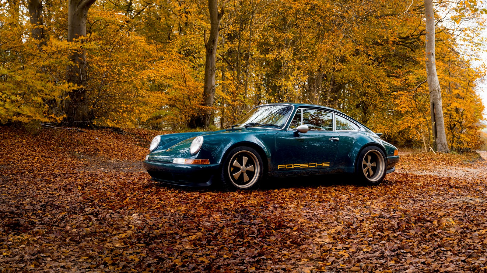 A close up of a blue car parked on a leaf covered road (porsche 911 bel001, theon design, custom tuning, 5k, 8k)