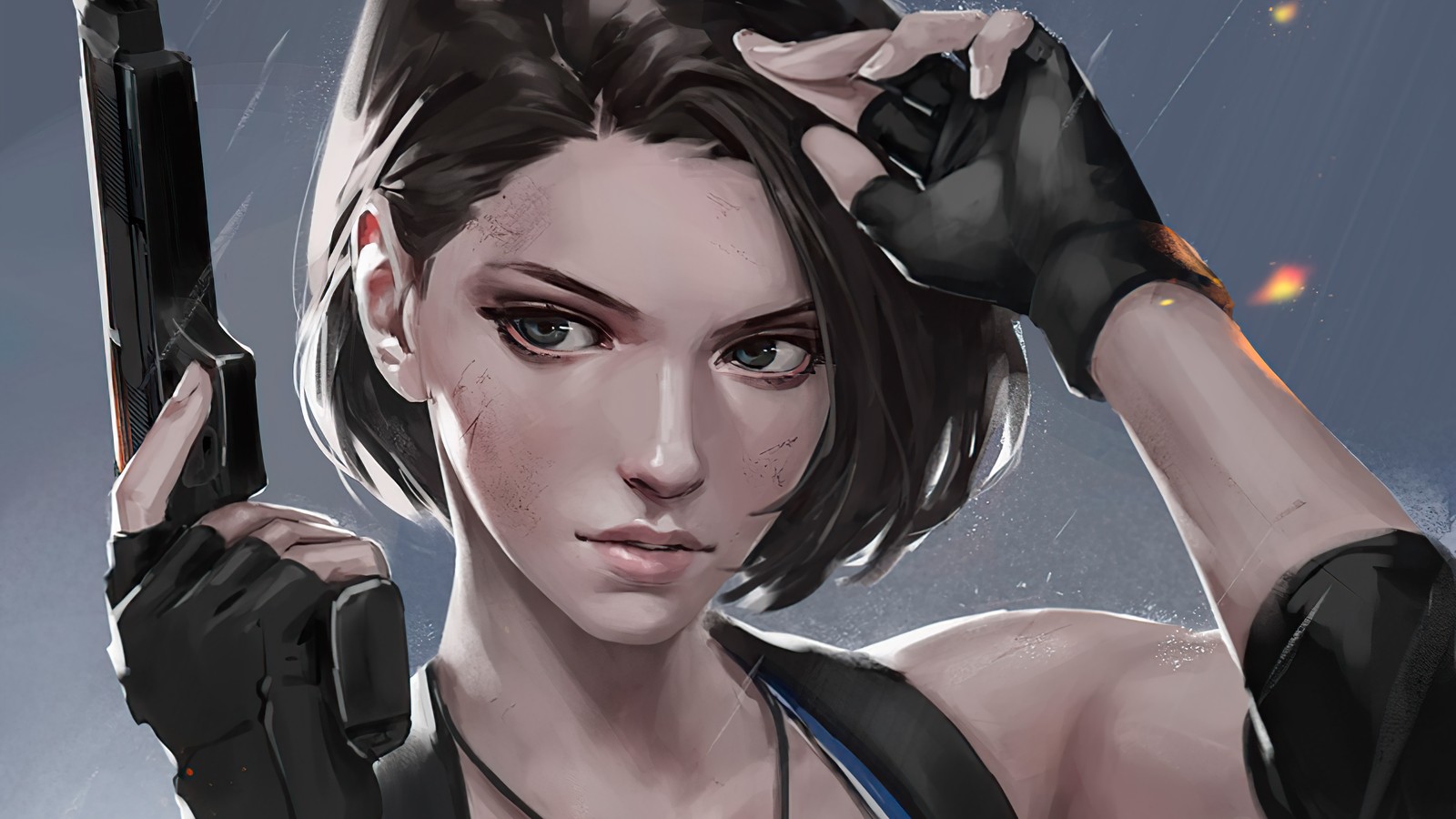 Крупный план женщины, держащей оружие в руке (джилл валентайн, jill valentine, искусство, resident evil 3, ремейк)