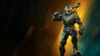 Master Chief en un diseño de crossover dinámico con elementos de Rainbow Six Siege, con colores vibrantes y un fondo en resolución 4K.