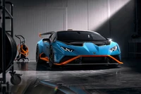 Lamborghini Huracán STO in a sleek studio setting, showcasing its vibrant blue and orange design against polished surfaces.