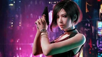 Ada Wong de Resident Evil 2 Remake, prête avec une arme à feu contre un arrière-plan urbain vibrant.