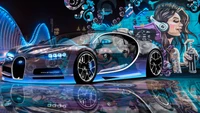 Futuristic Sports Car with Graffiti Mural in Urban Setting