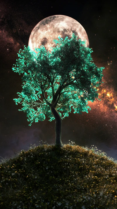 Radiant Tree Against a Cosmic Sky