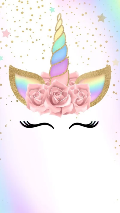 Cara de unicornio colorido con corona floral y fondo brillante