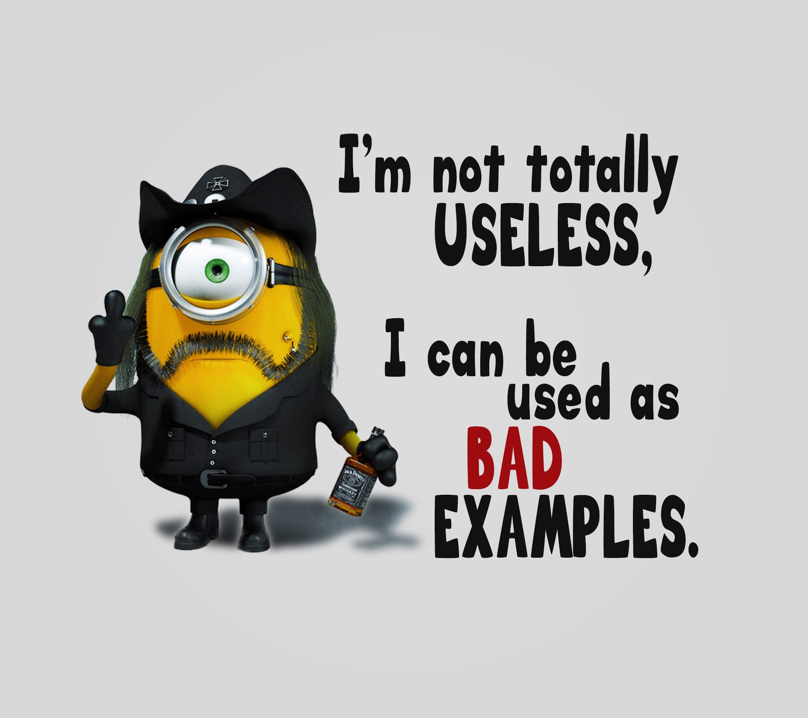 Hay un minion con una pistola y un sombrero (actitud, malo, genial, bebida, divertido)