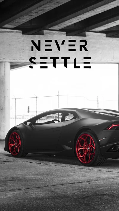 Lamborghini noir élégant avec des jantes rouges frappantes, incarnant la devise "Ne jamais se contenter.