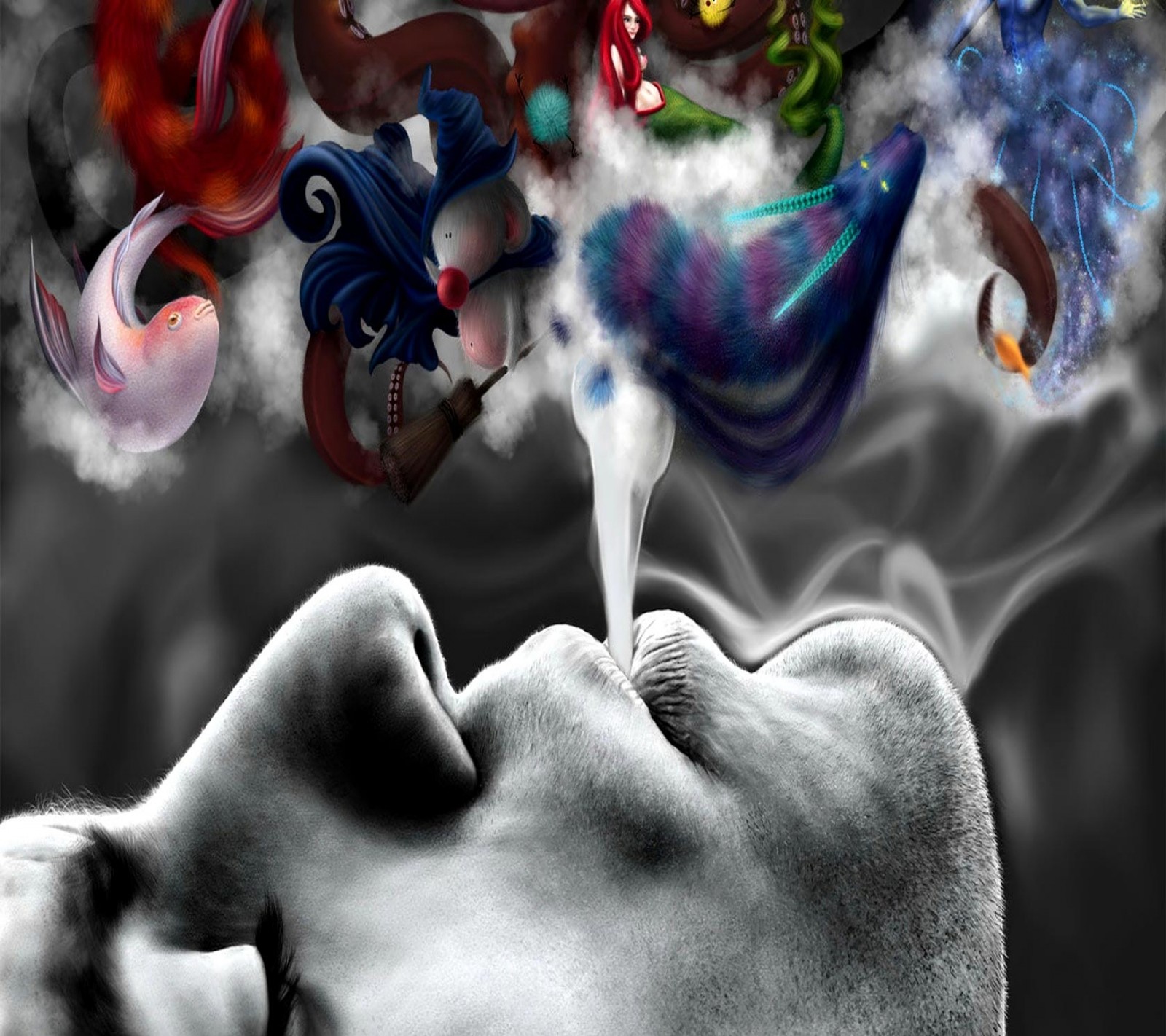 There is a man that is blowing out a cloud of smoke (abstract, smoke)