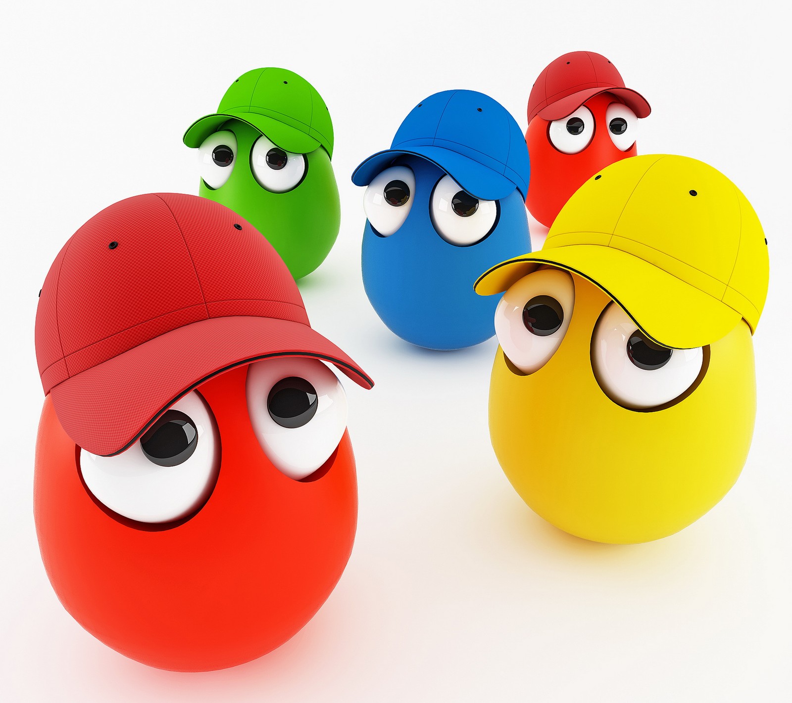 Several colorful balls with eyes and a hat on a white surface (3 d eggs, background, cute colorful)