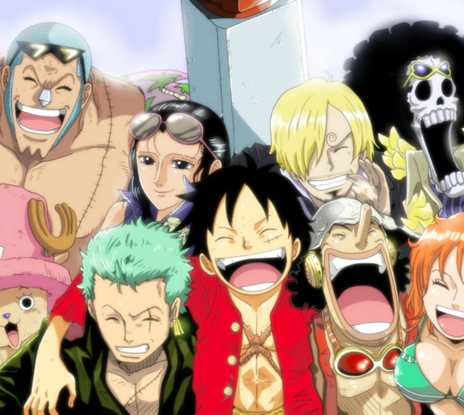 A group of anime characters with their mouths open and mouths wide open (luffy, zorro)