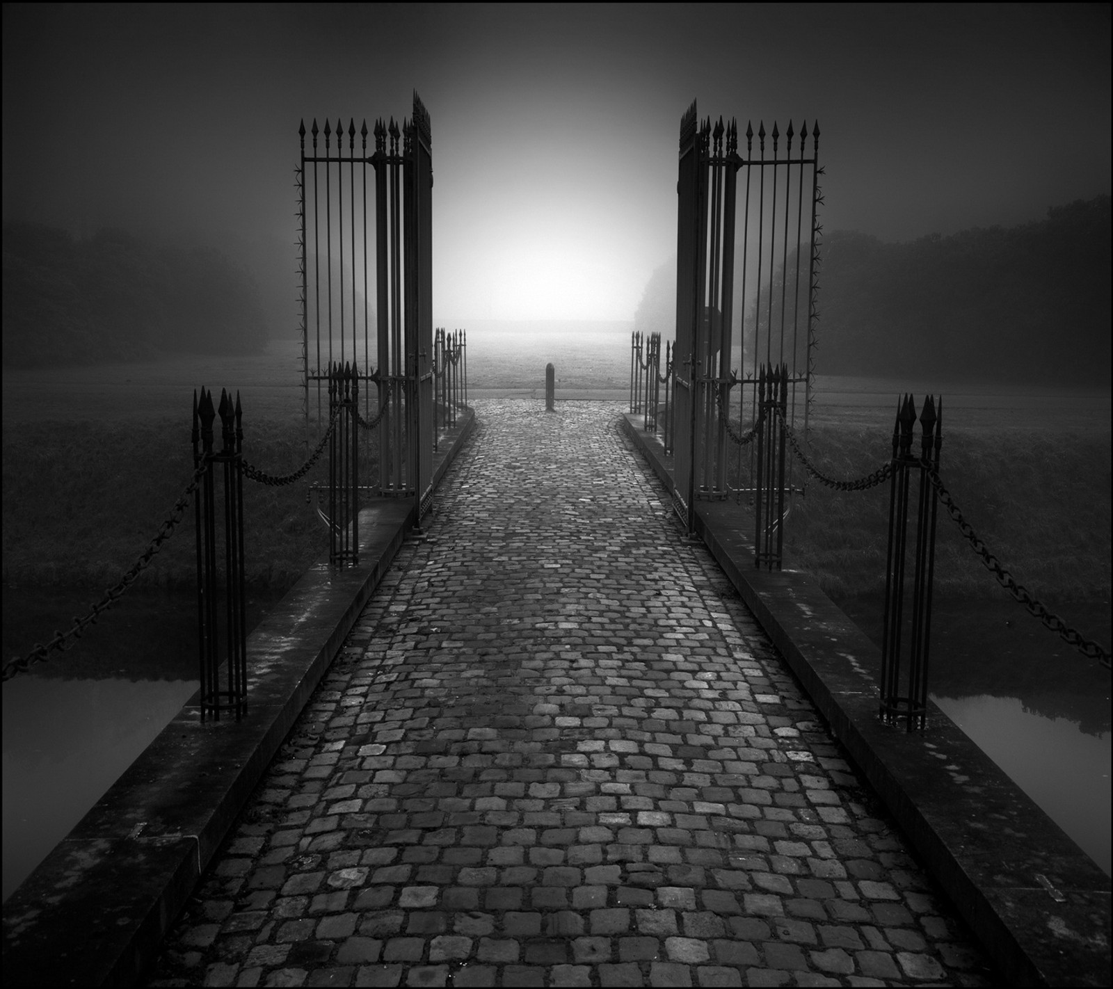 Arafed walkway leading to a foggy field with a gate (abej, beograd, fog, gate)