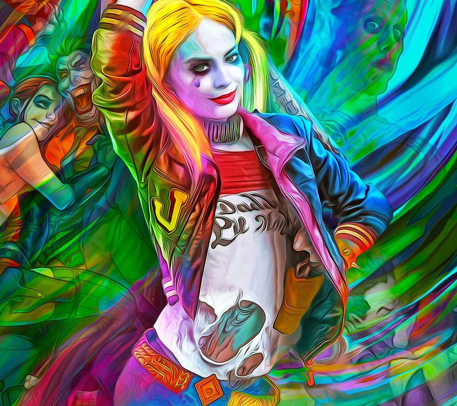 Une peinture colorée d'une femme déguisée en joker (cartoon, bandes dessinées, dessiné, hollywood, marvel)