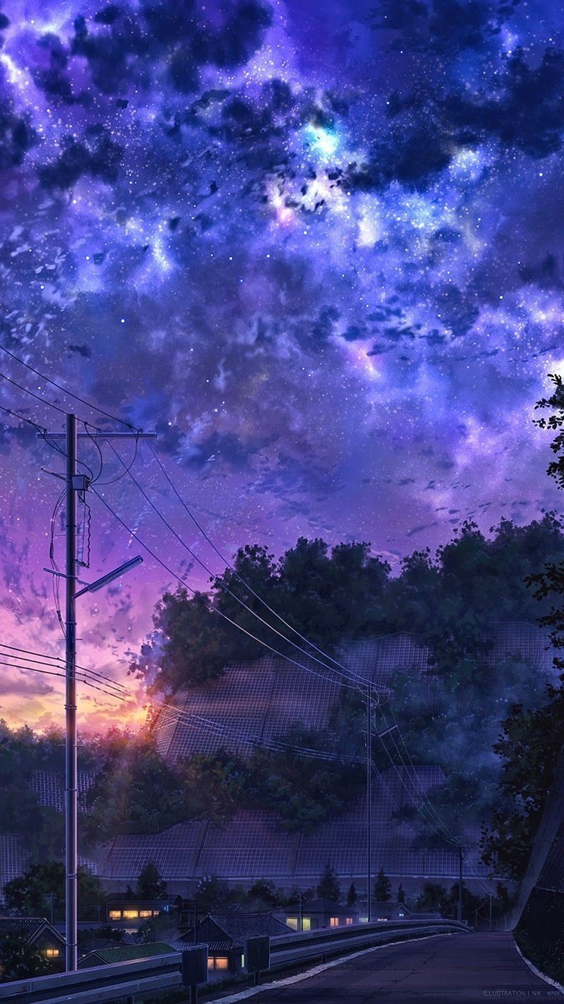 Purple and blue sky with clouds and power lines and a street sign (anime, evening, street)