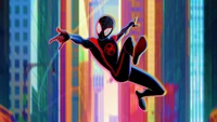 Miles Morales in dynamic mid-air pose against a vibrant cityscape, capturing the essence of "Spider-Man: Across the Spider-Verse.