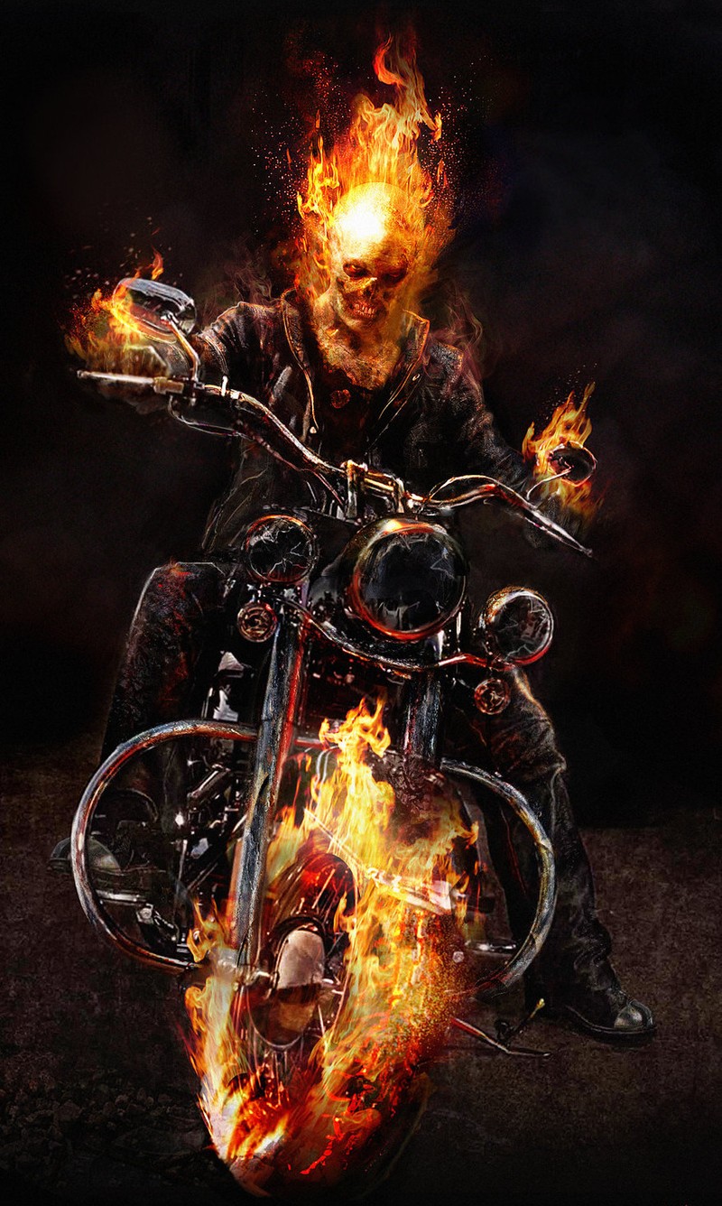 Arafed image of a man riding a motorcycle with flames on it (cage, nicholas)