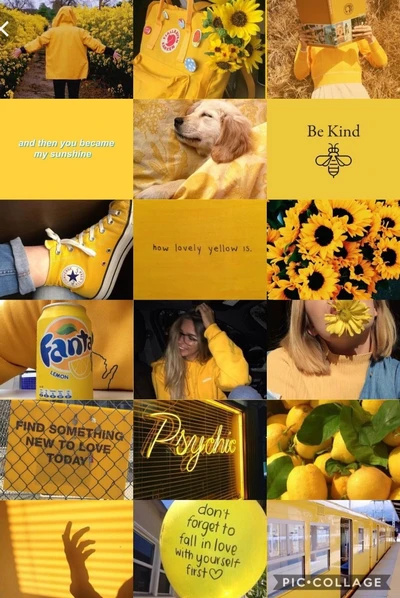 Un collage vibrant célébrant la beauté du jaune, avec des citations sur le thème du soleil, des tournesols joyeux et des tenues jaunes élégantes.