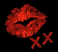 Bold red lipstick mark with two crossed Xs on a black background.