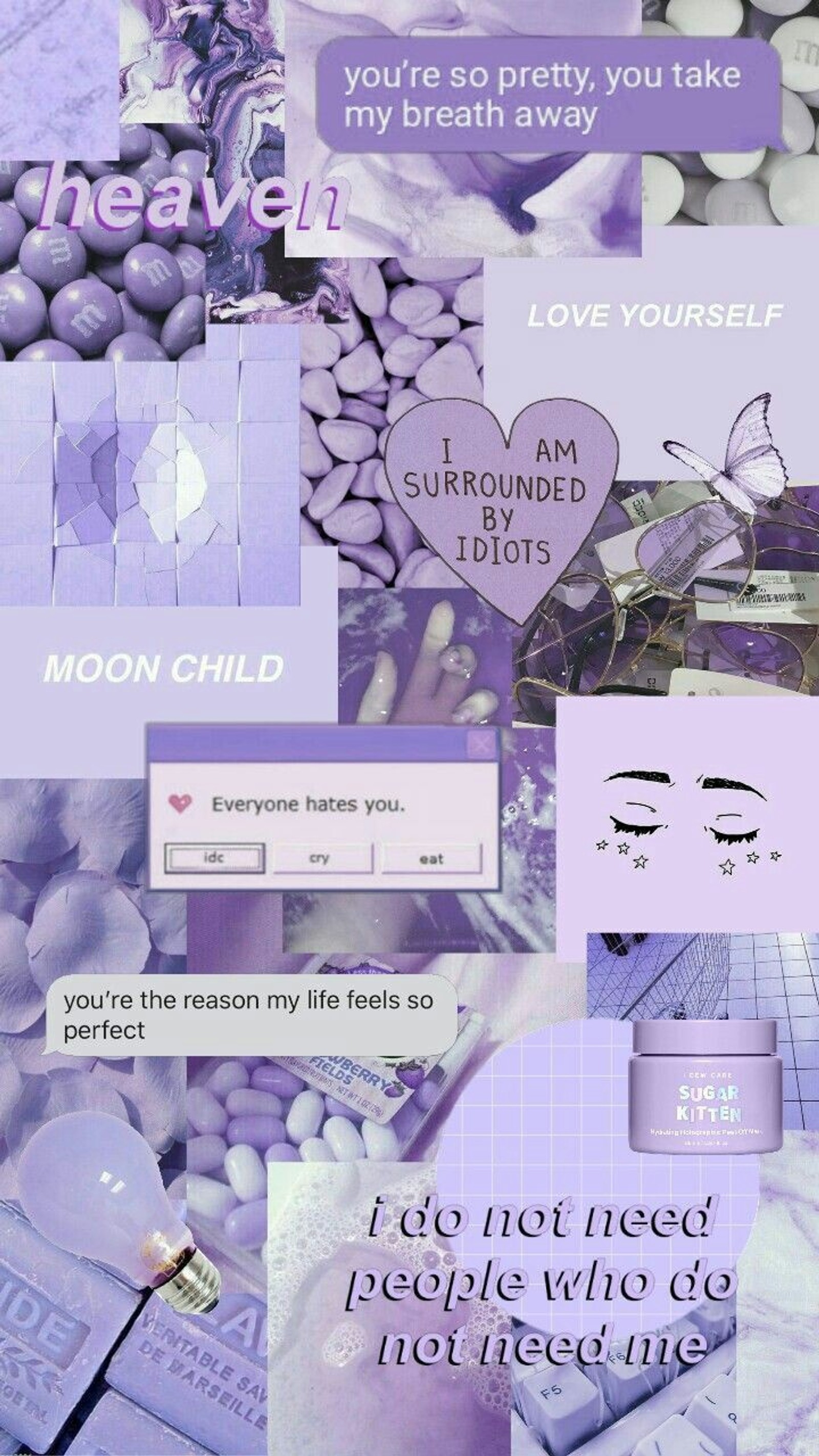 Collage esthétique violet avec beaucoup de choses et de mots différents (brisé, cœur)