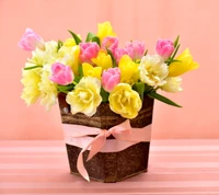 basket, bouquet, flowers, pink, tulips