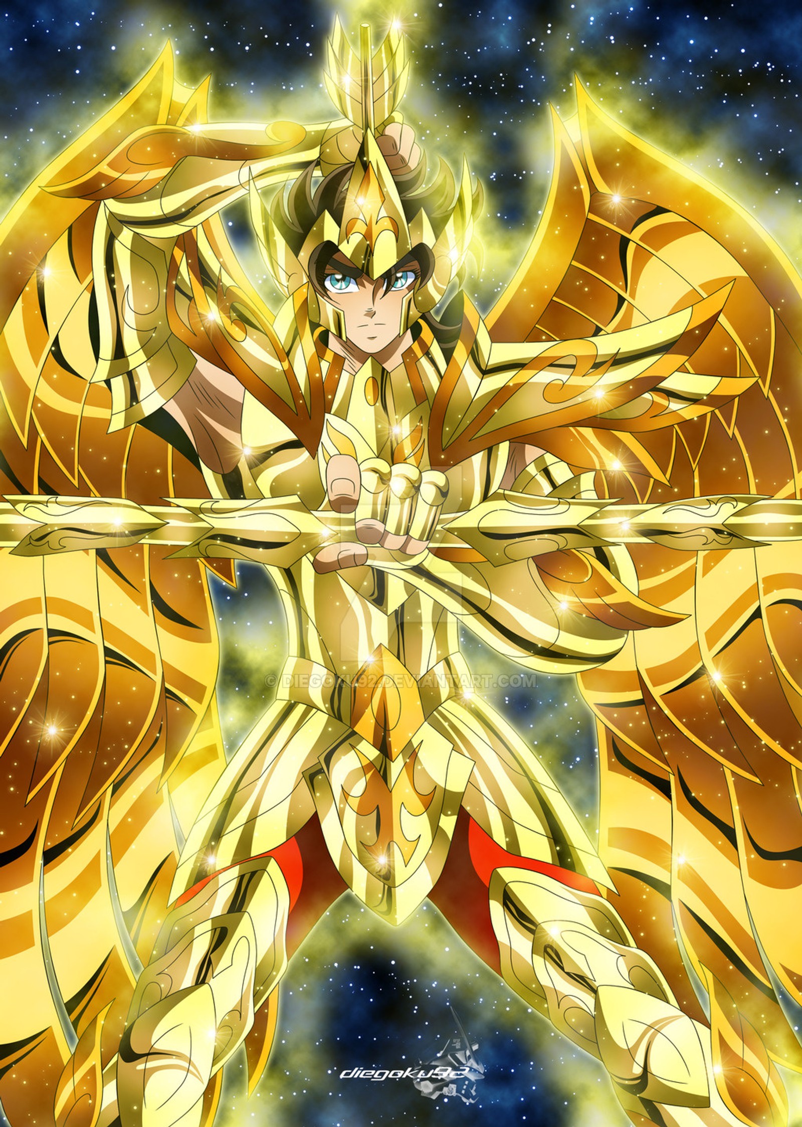 Eine nahaufnahme eines goldenen drachen mit einem schwert in der hand (ritter des zodiaks, saint seiya)