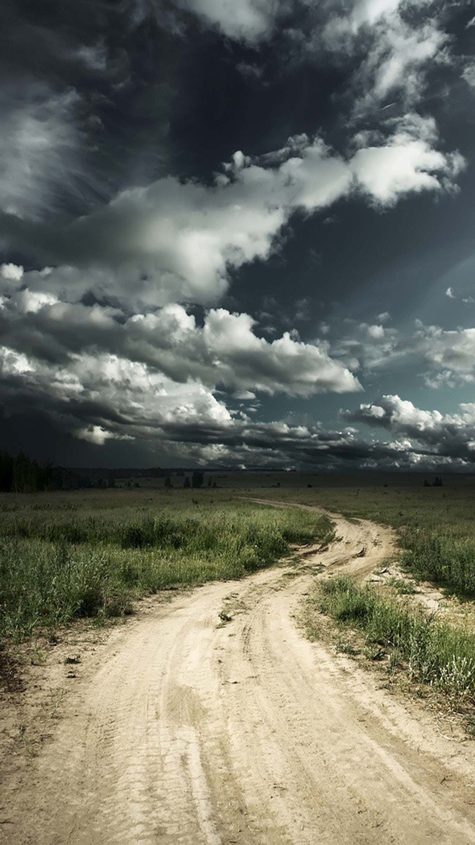 Há uma estrada de terra que passa por um campo (curvas, grama, hd, areia, céu)