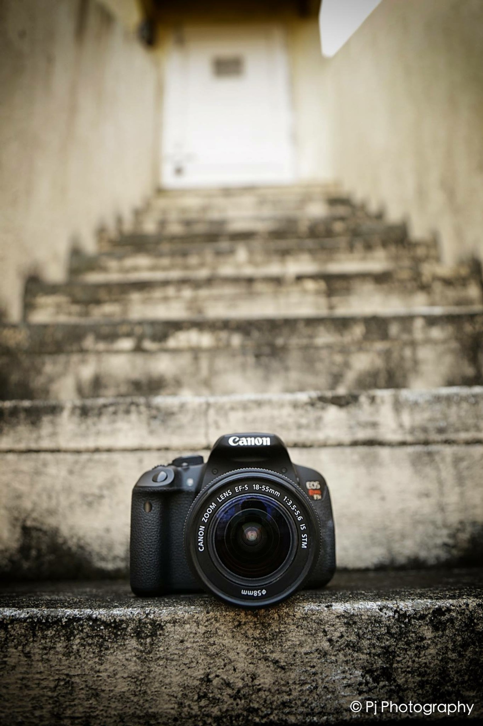 Gros plan d'une caméra posée sur une marche avec une porte en arrière-plan (caméra, canon, reflex numérique, mobile, photographie)